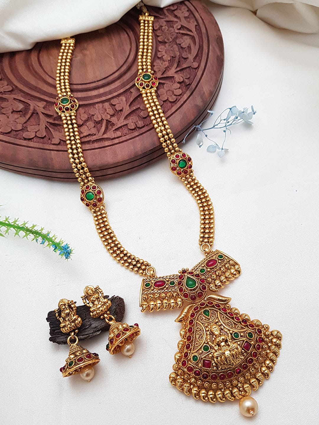 

GRIIHAM Gold-Plated Pink & Green AD Studded Long Laxmi Hara Necklace Set