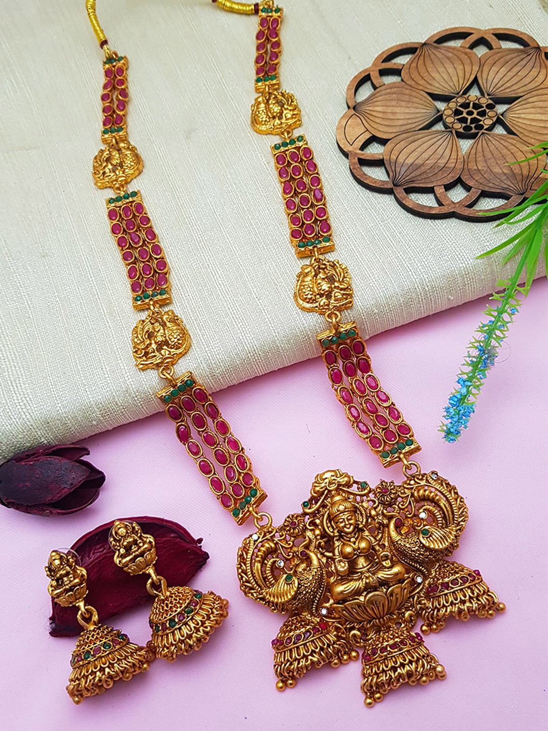 

GRIIHAM Gold-Plated Green & Pink AD-Studded Jewellery Set