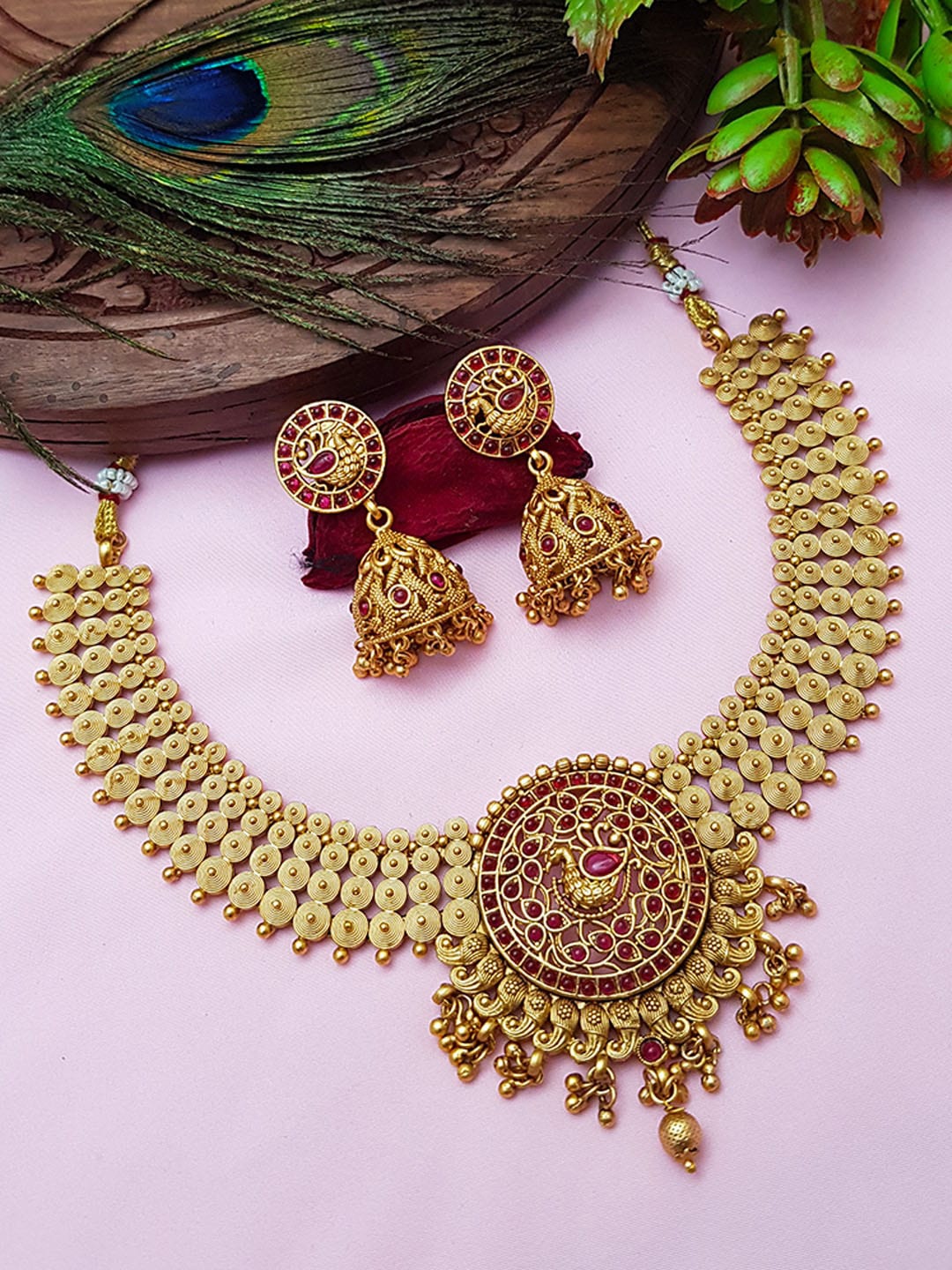 

GRIIHAM Gold-Plated Pink AD-Studded Jewellery Set