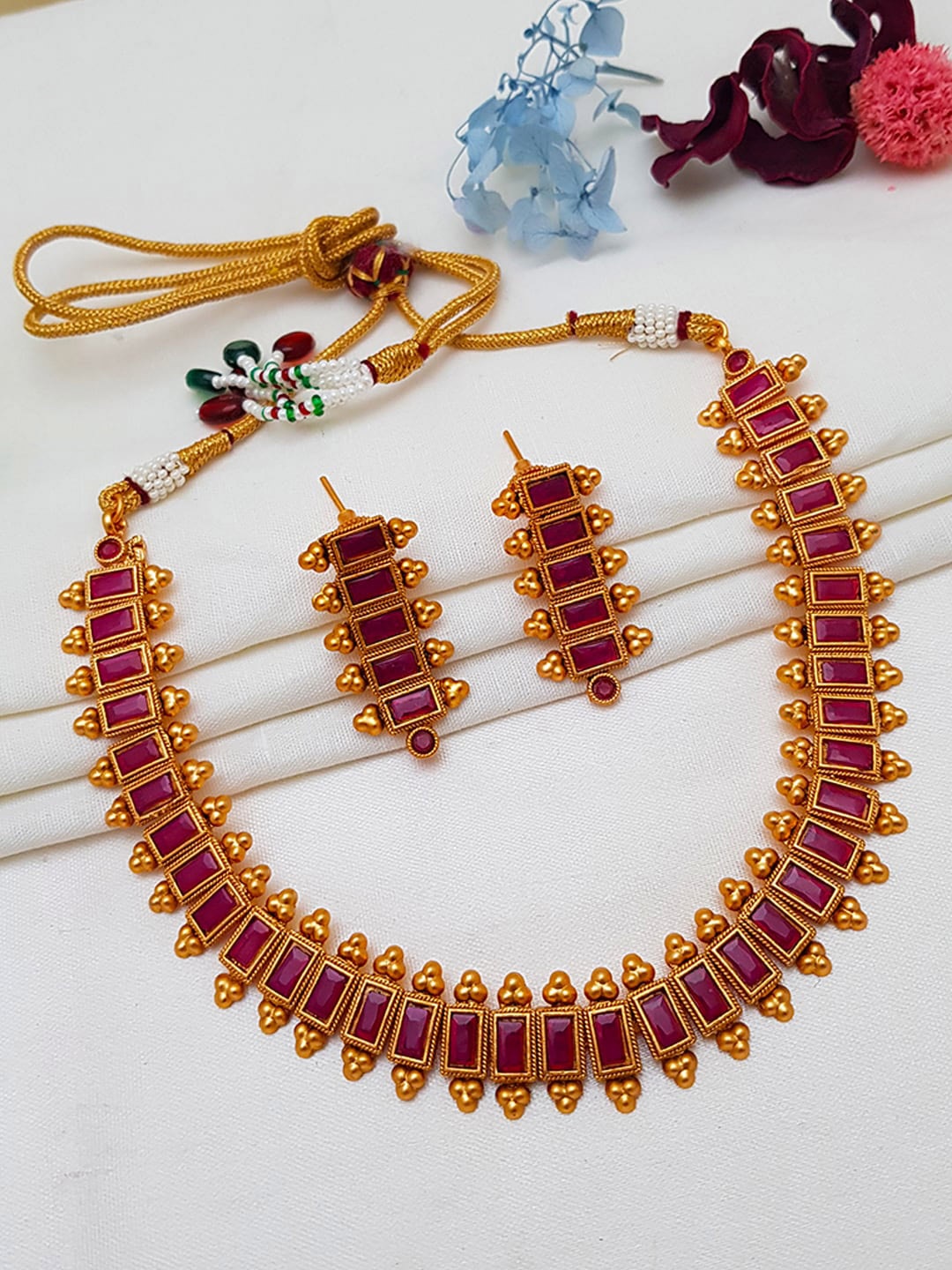 

GRIIHAM Gold-Plated Maroon AD-Studded & Beaded Jewellery Set