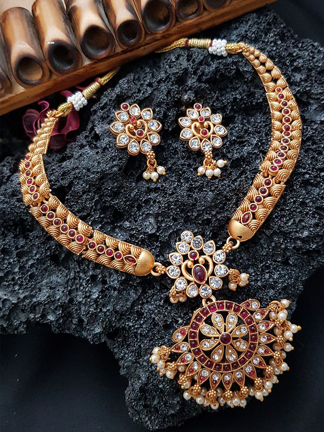 

GRIIHAM Gold-Plated Pink & White AD-Studded Choker Jewellery Set