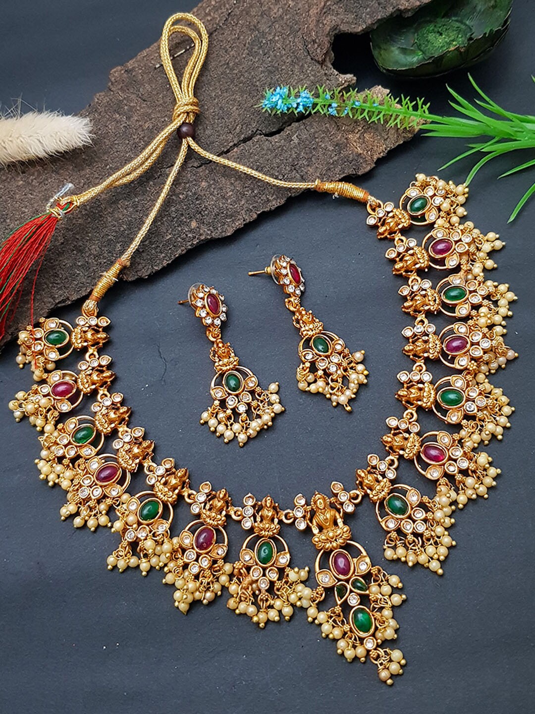 

GRIIHAM Gold-Plated Green & Maroon AD-Studded & Pearl Beaded Jewellery Set
