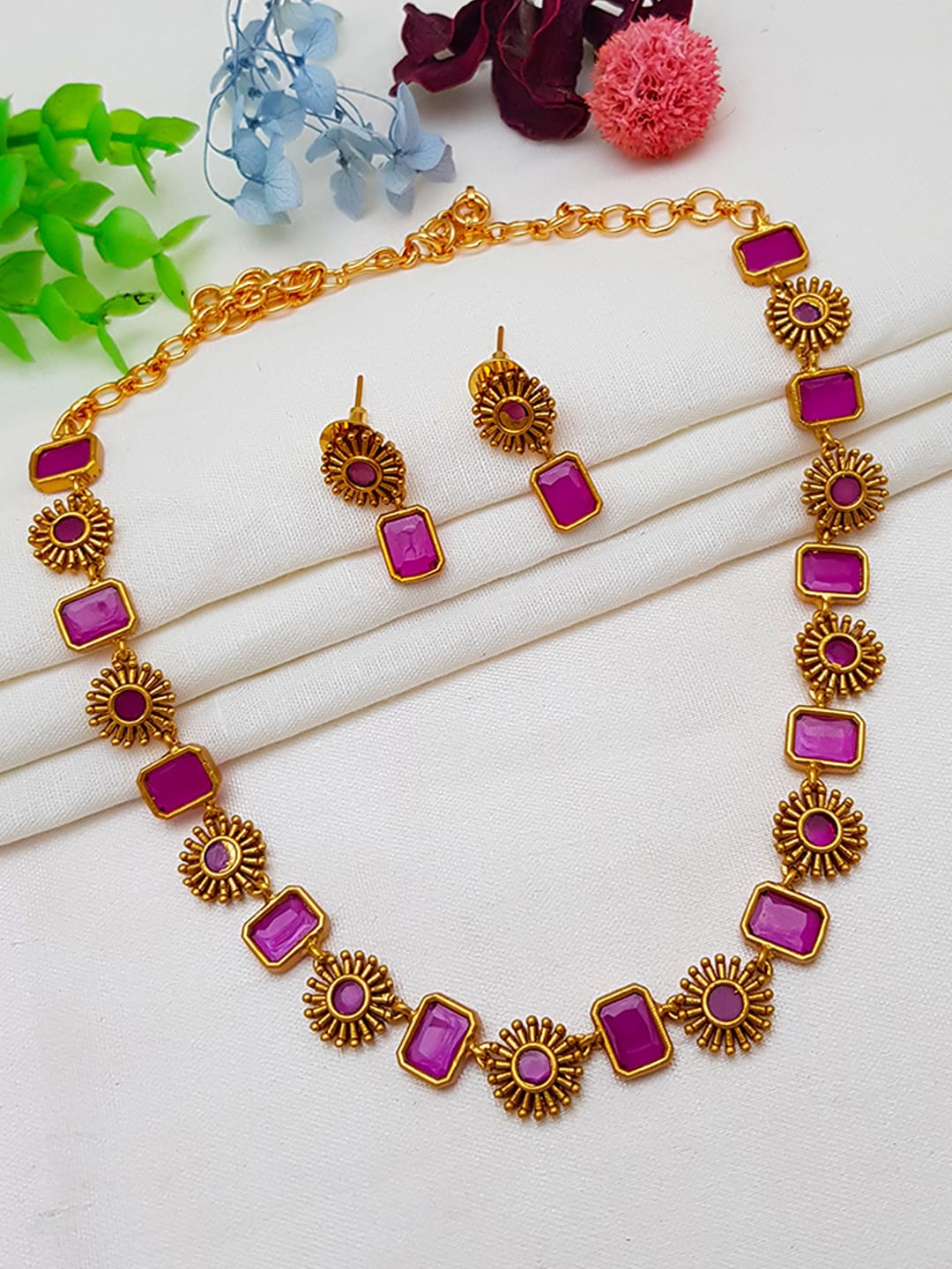 

GRIIHAM Gold-Plated Pink AD-Studded Jewellery Set