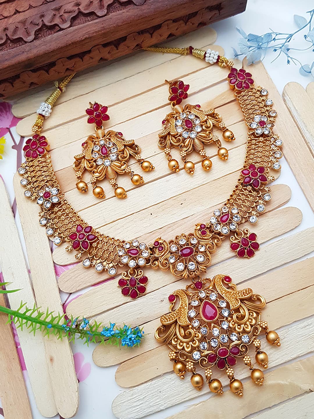 

GRIIHAM Gold-Plated & Red AD Stone Studded Jewellery Set
