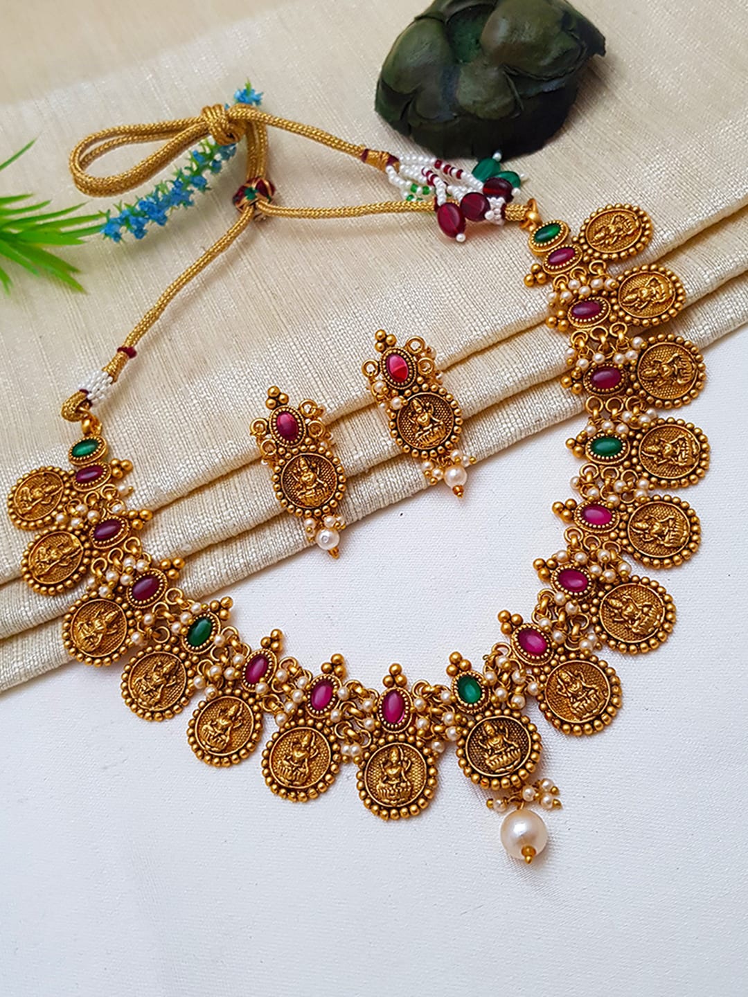 

GRIIHAM Gold-Plated Pink & Green AD-Studded & Beaded Jewellery Set