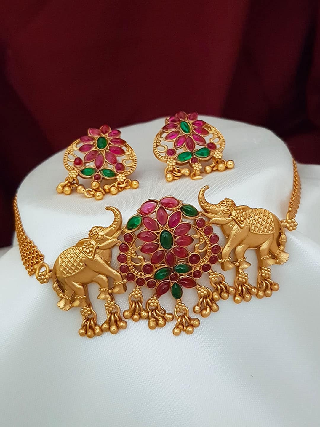 

GRIIHAM Gold-Plated Pink & Green AD-Studded Jewellery Set