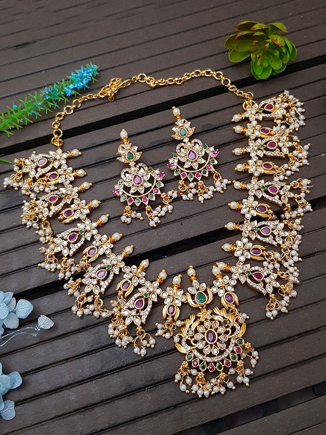 

GRIIHAM Gold-Plated Green & Maroon CZ-Studded & Beaded Jewellery Set
