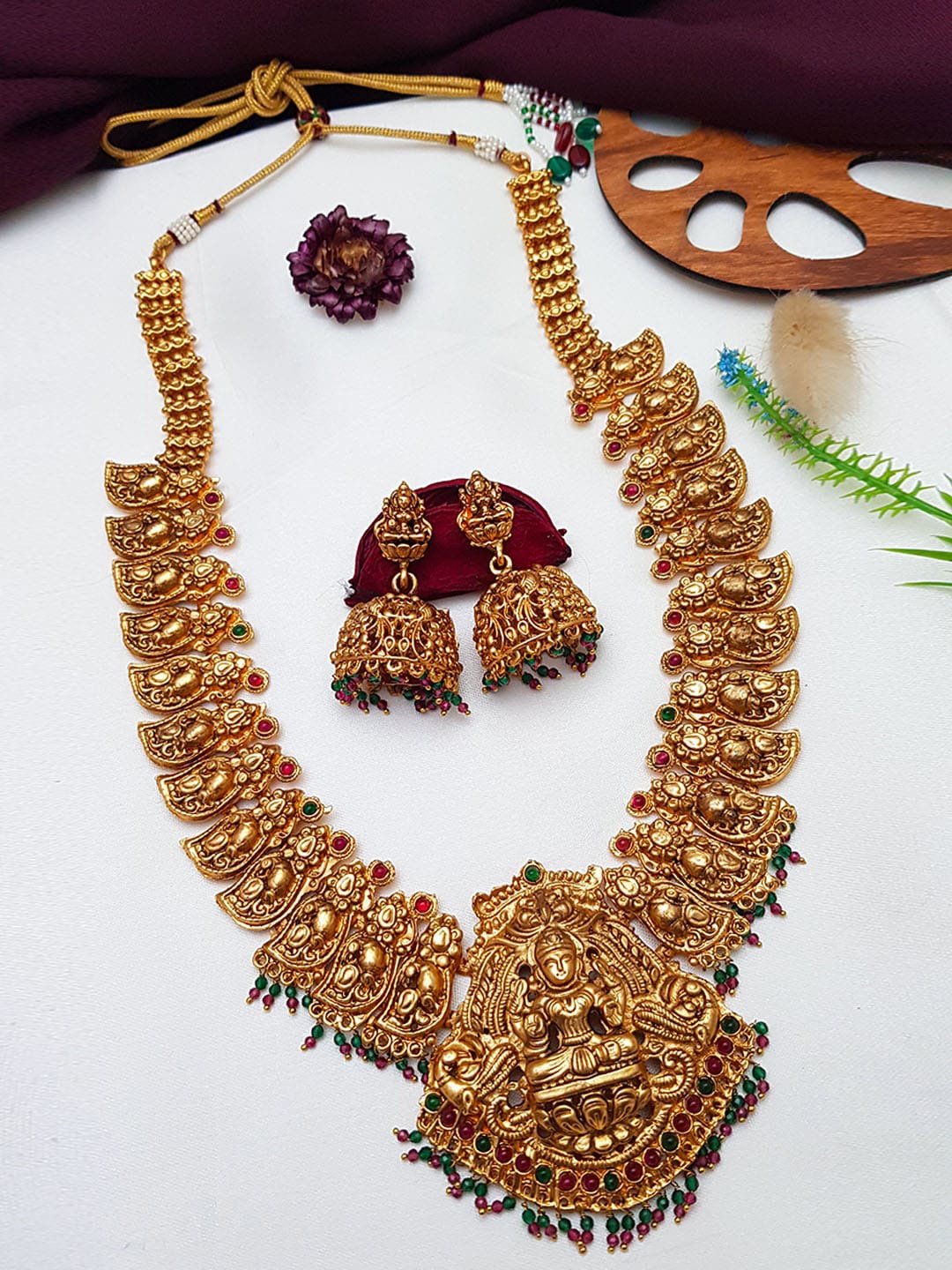 

GRIIHAM Gold-Plated Red & Green Stone-Studded & Beaded Temple Jewellery Set