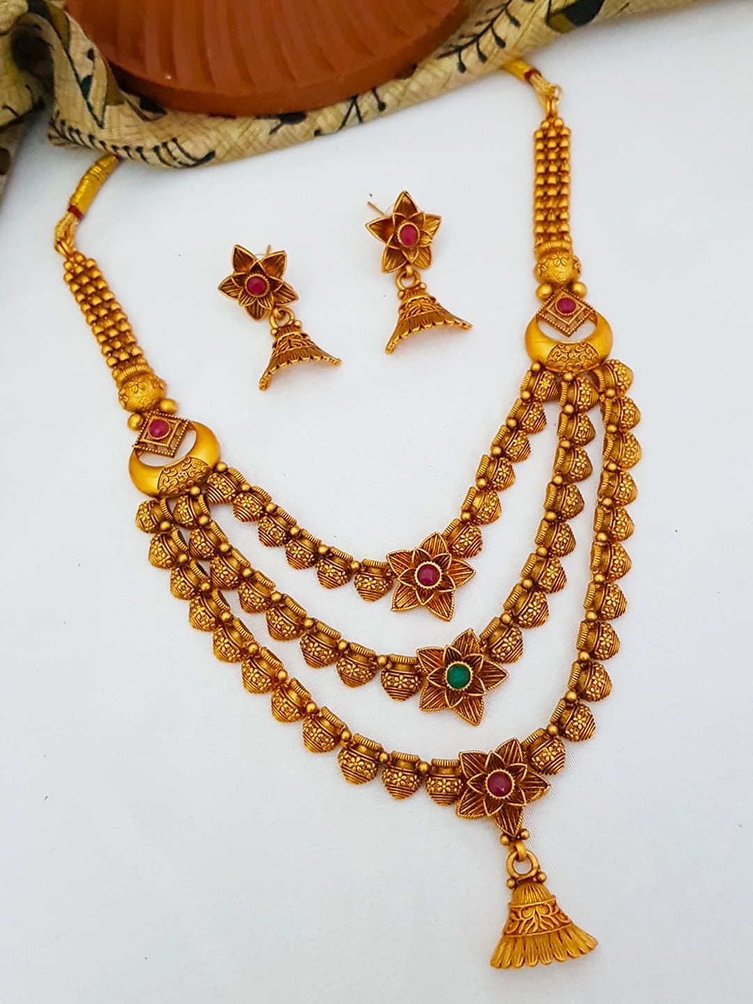 

GRIIHAM Gold-Plated Pink & Green AD-Studded Jewellery Set