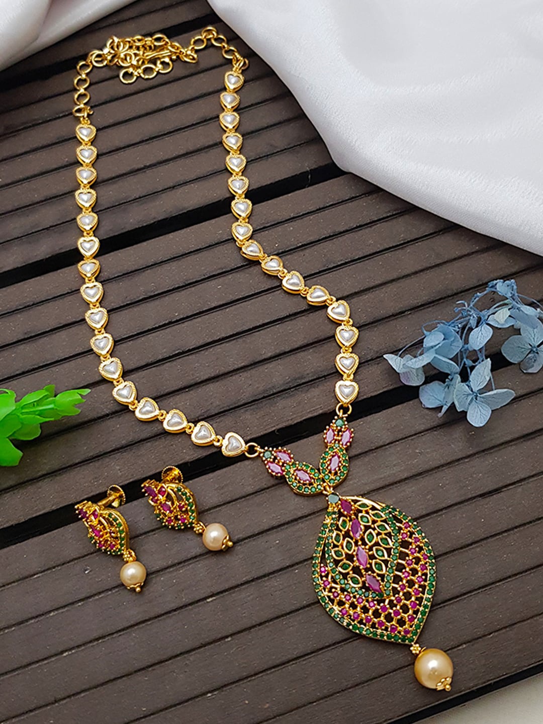 

GRIIHAM Gold-Plated Green & Maroon CZ-Studded & Pearl Beaded Jewellery Set