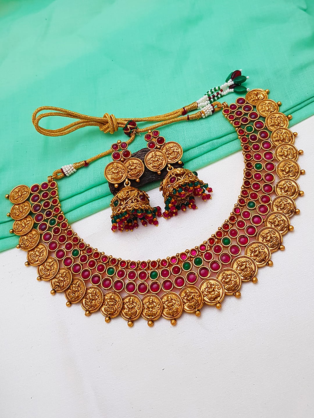 

GRIIHAM Gold-Plated Pink & Green AD-Studded Jewellery Set