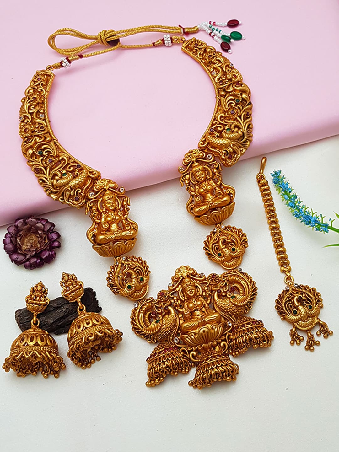 

GRIIHAM Gold-Plated Pink & Green AD-Studded Jewellery Set