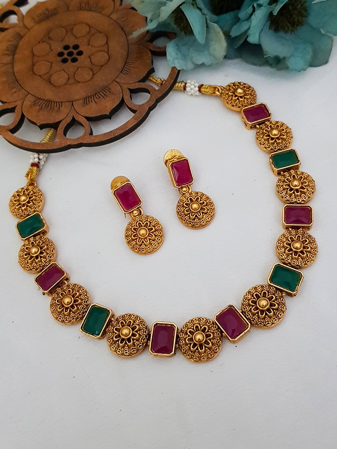 

GRIIHAM Gold-Plated Green & Maroon AD-Studded & Beaded Jewellery Set