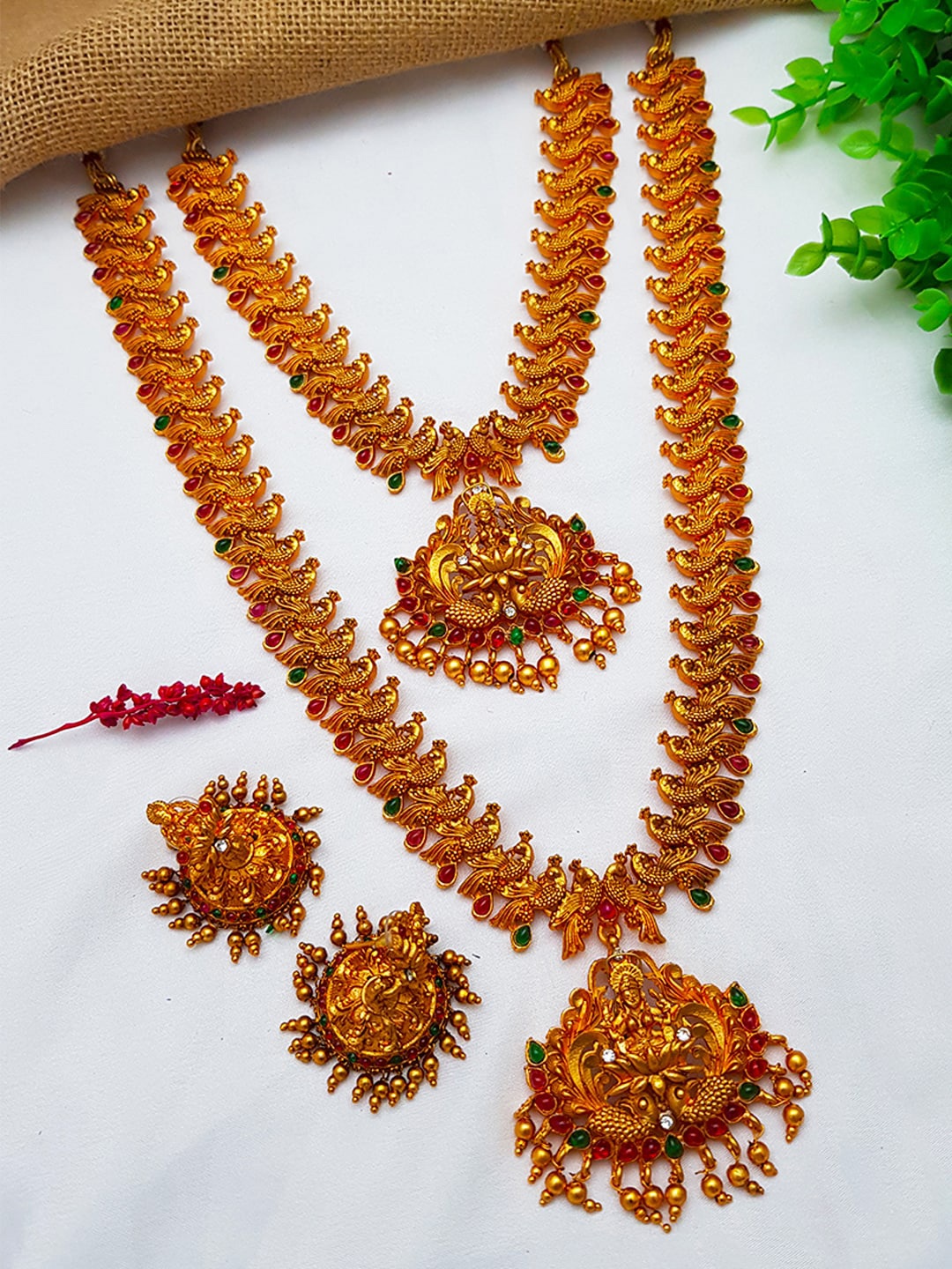 

GRIIHAM Gold-Plated Pink & Green AD Studded Laxmi Combo Jewellery Set