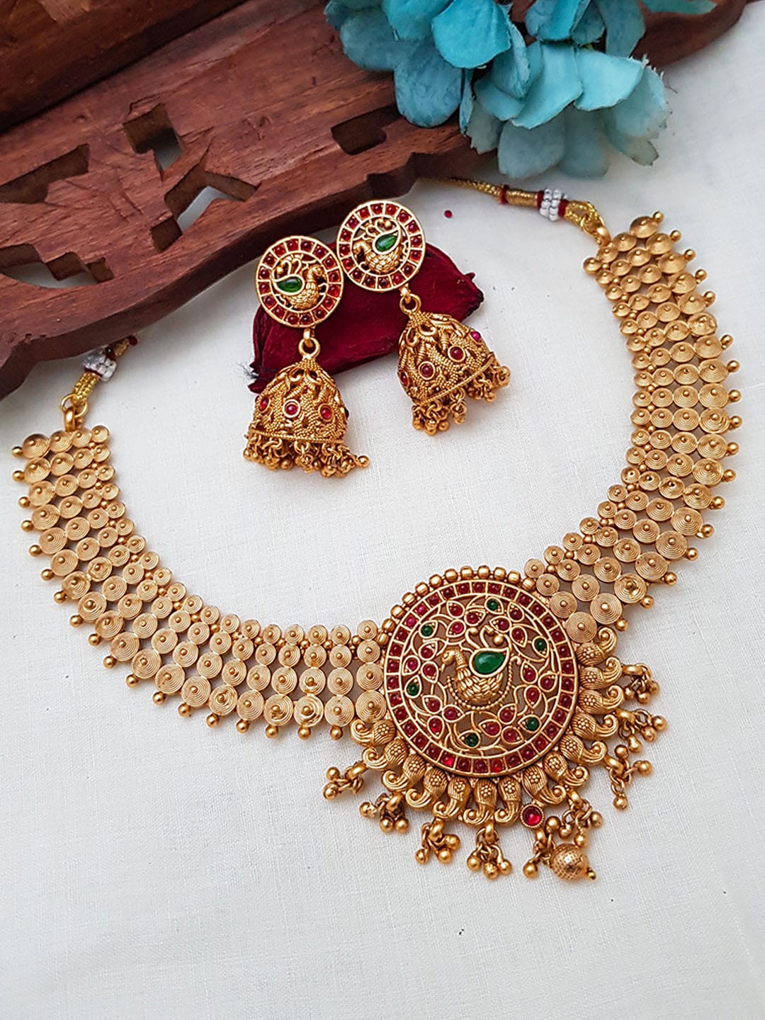 

GRIIHAM Gold-Plated Pink & Green AD-Studded Jewellery Set