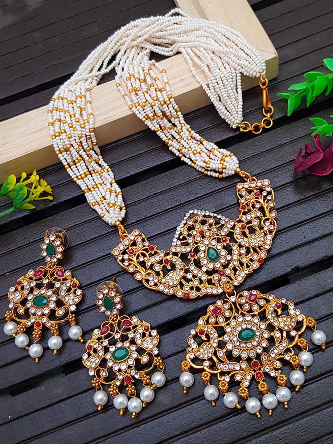 

GRIIHAM Gold-Plated Green & Maroon Stone-Studded & Pearl Beaded Jewellery Set