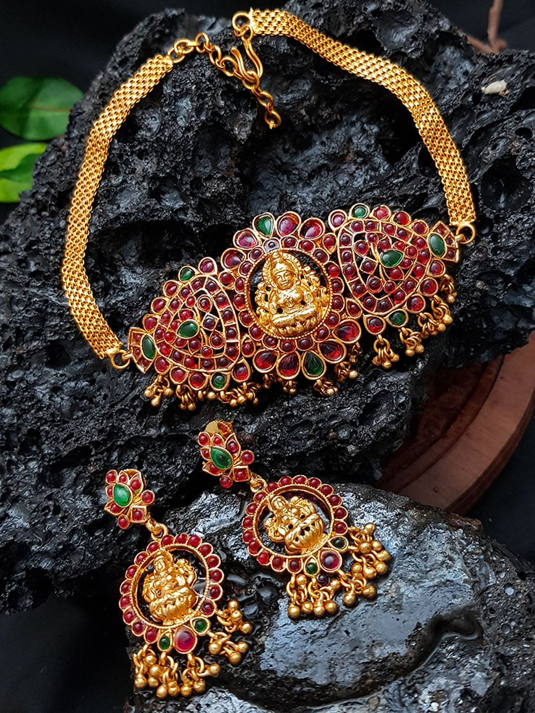 

GRIIHAM Gold-Plated Pink & Green AD-Studded Jewellery Set