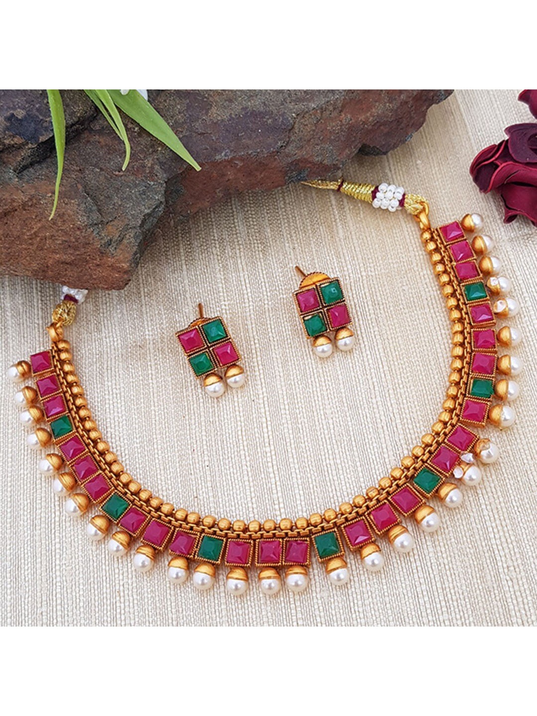 

GRIIHAM Gold-Plated Green & Maroon AD-Studded & Beaded Jewellery Set