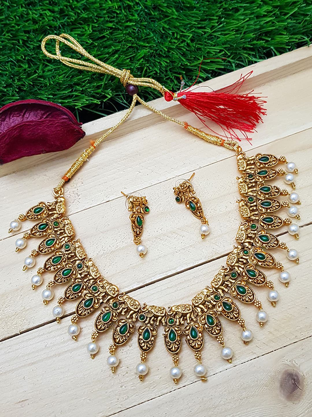 

GRIIHAM Gold-Plated Green Ad Studded & Beaded Jewellery Set
