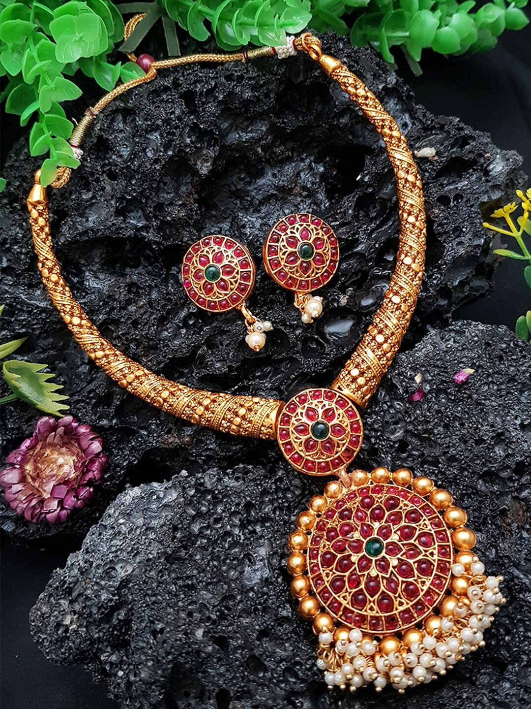 

GRIIHAM Gold-Plated Green & Maroon AD-Studded & Beaded Jewellery Set