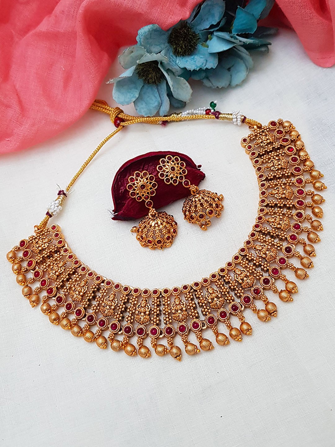 

GRIIHAM Gold-Plated & Red AD-Studded Antique Jewellery Set