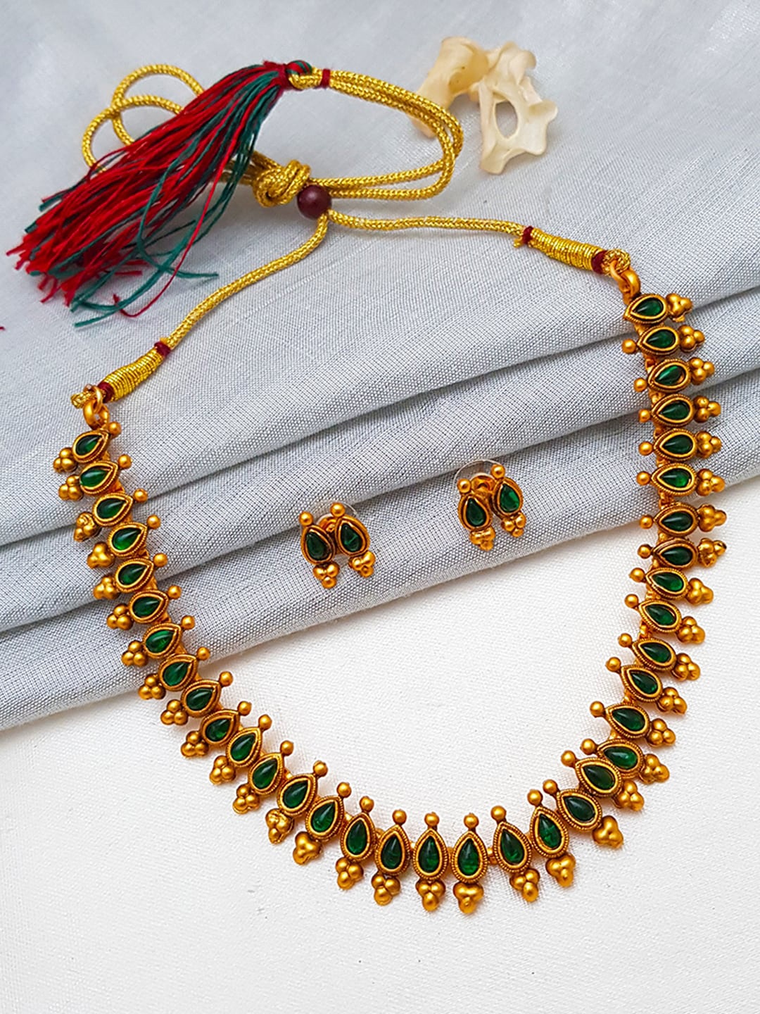 

GRIIHAM Gold-Plated & Green AD-Studded Antique Jewellery Set