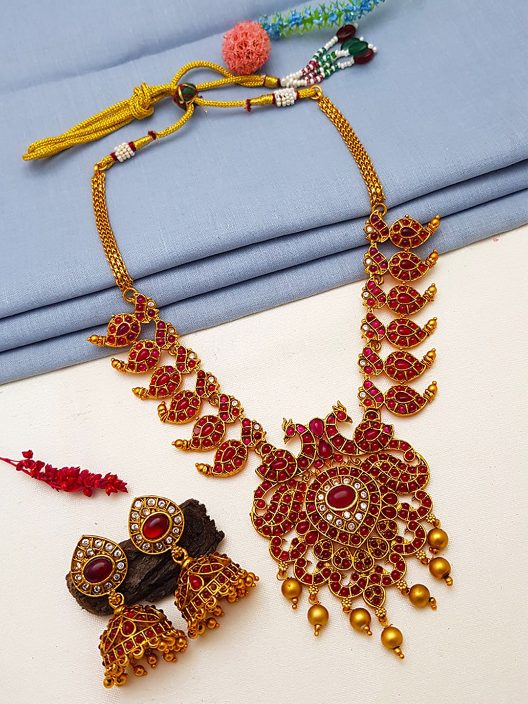 

GRIIHAM Gold-Plated Red AD-Studded Jewellery Set