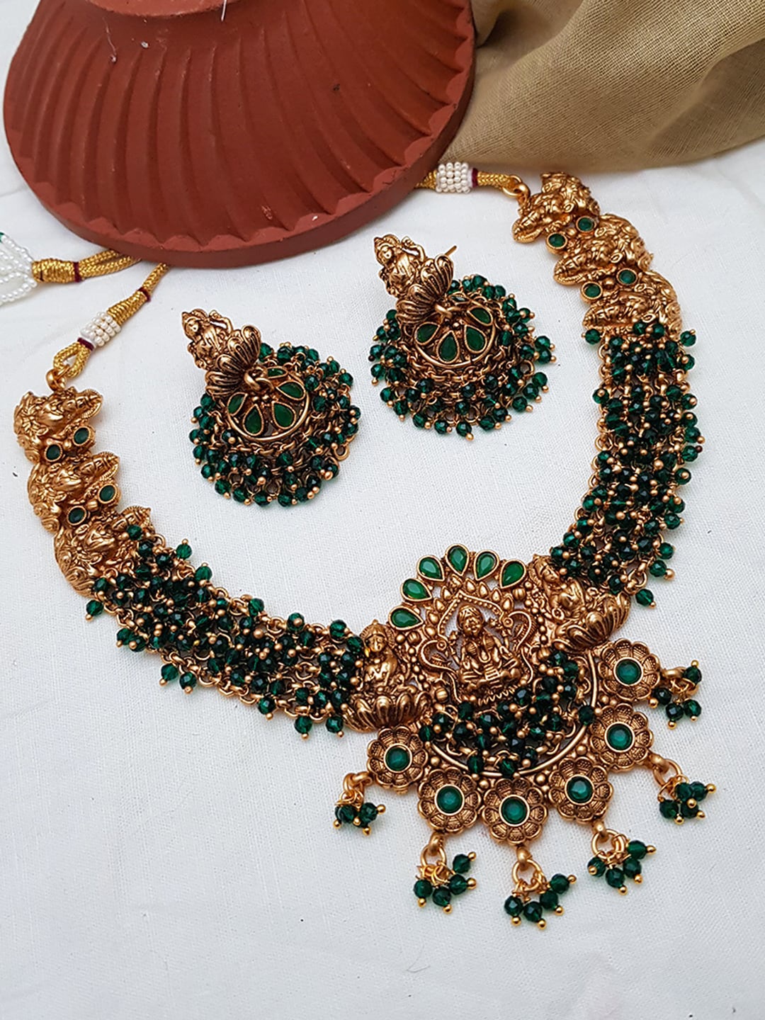 

GRIIHAM Gold-Plated Green AD-Studded & Beaded Jewellery Set