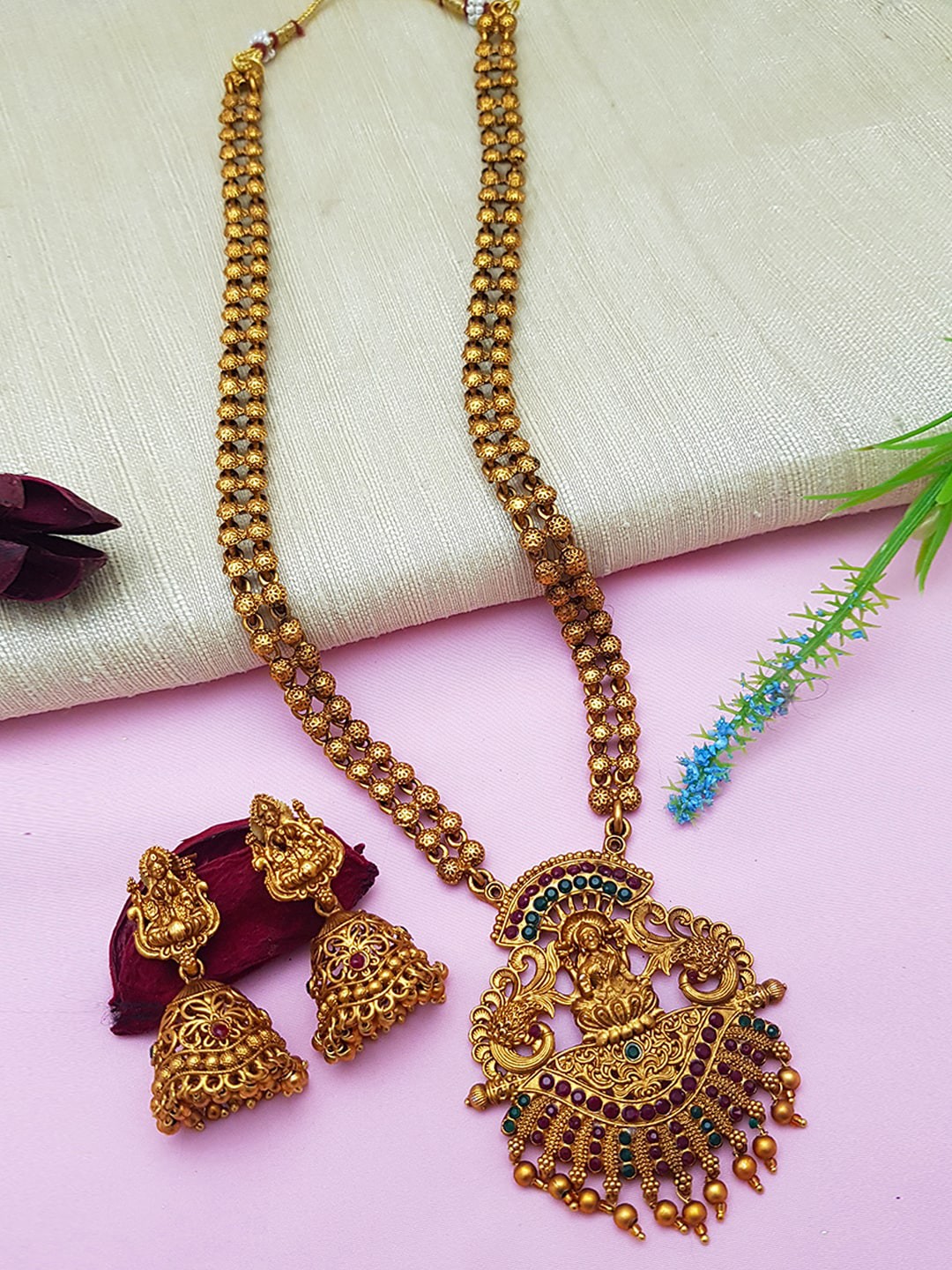 

GRIIHAM Gold-Plated & Red Stone-Studded & Beaded Temple Jewellery Set