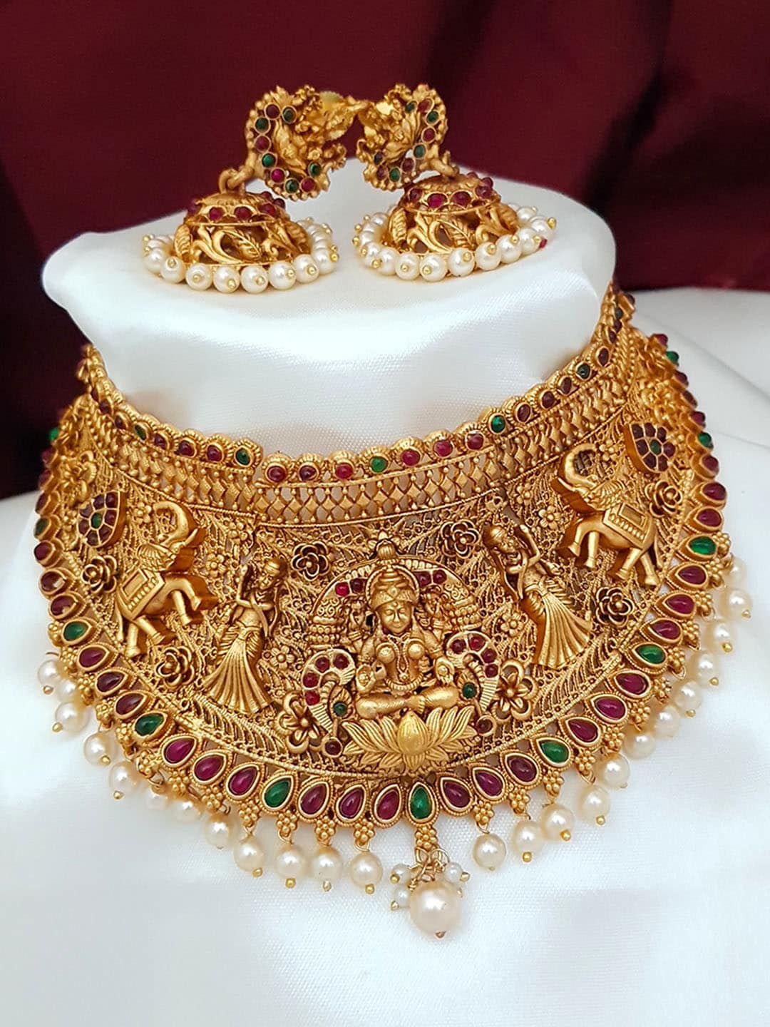 

GRIIHAM Gold-Plated White & Green AD-Studded & Pearl Beaded Jewellery Set