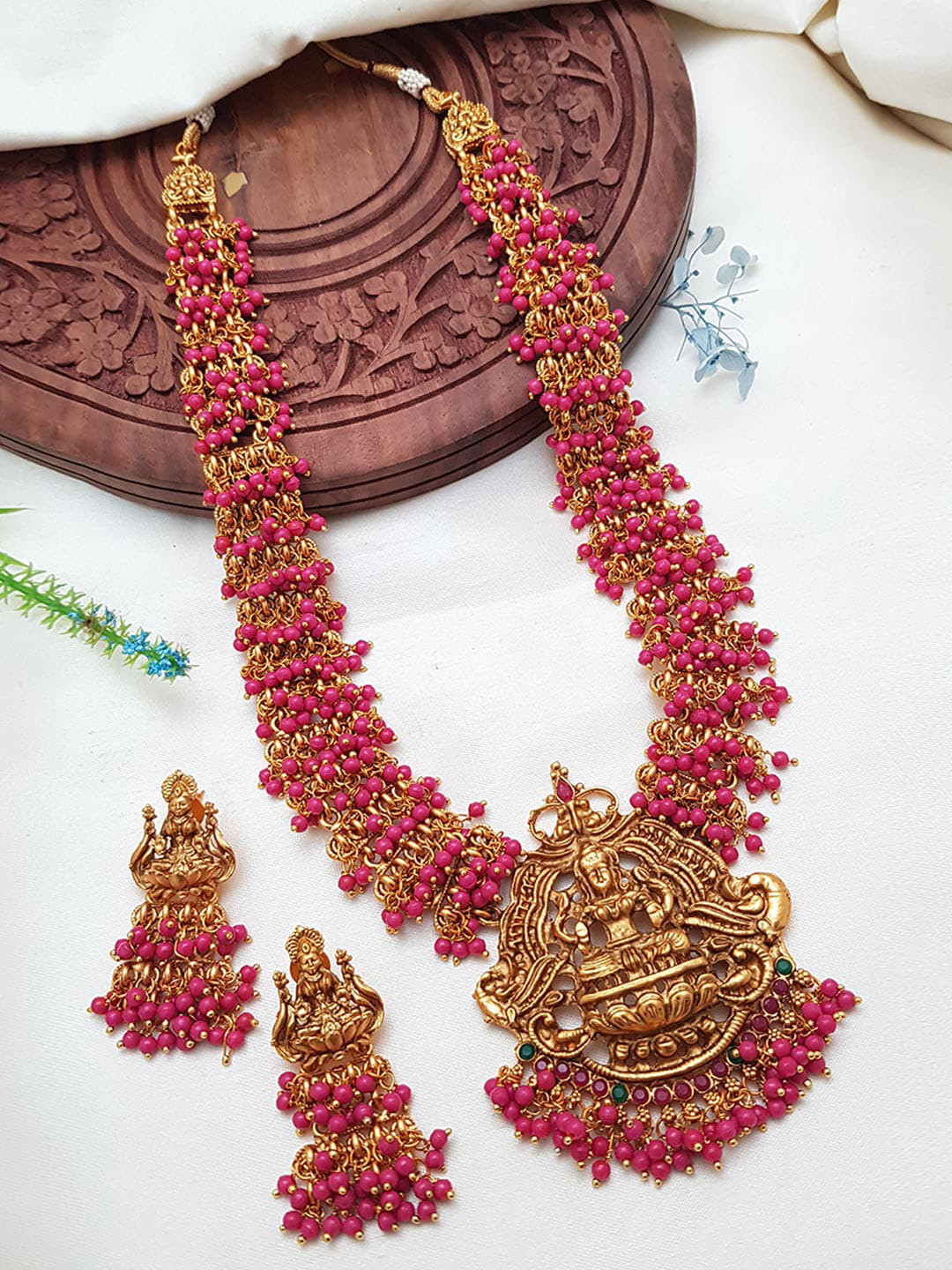 

GRIIHAM Gold-Plated Pink & Green AD-Studded & Pearl Beaded Jewellery Set