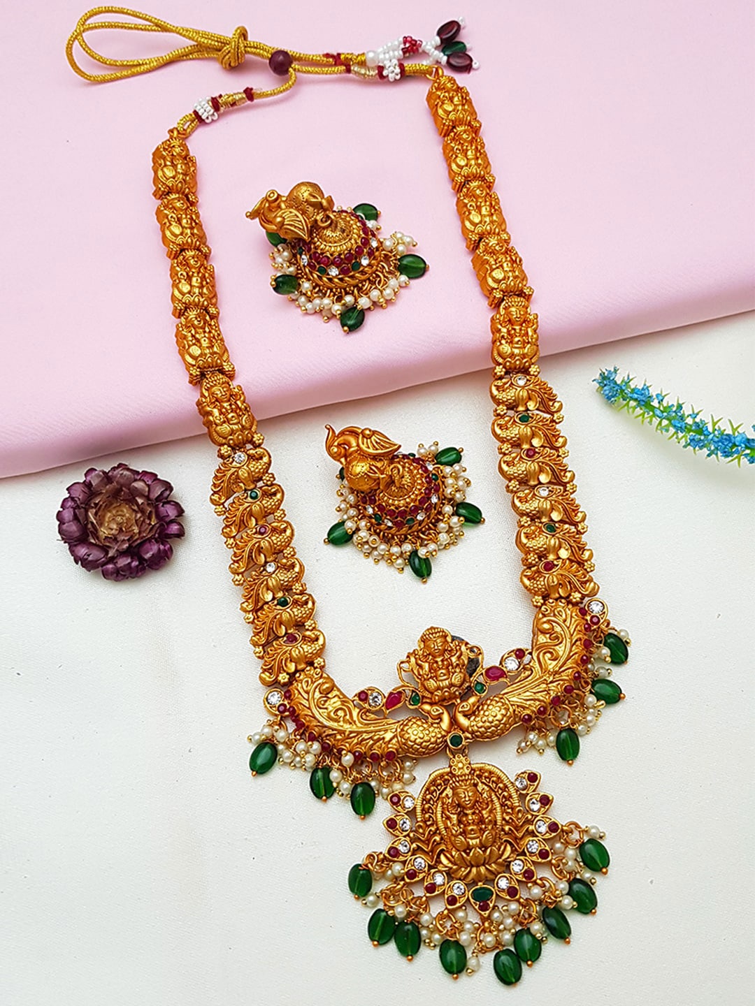 

GRIIHAM Gold-Plated Green & Maroon AD-Studded & Beaded Jewellery Set