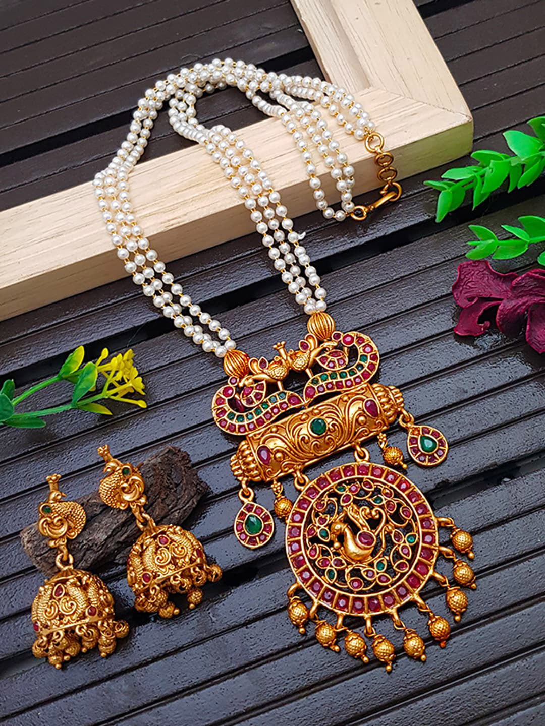 

GRIIHAM Gold-Plated Pink & Green AD-Studded & Pearl Beaded Jewellery Set