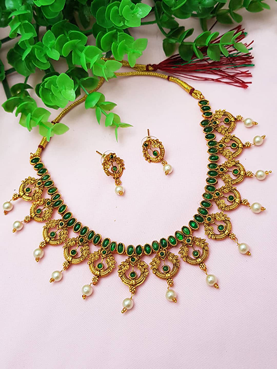 

GRIIHAM Gold-Plated Green AD-Studded Jewellery Set