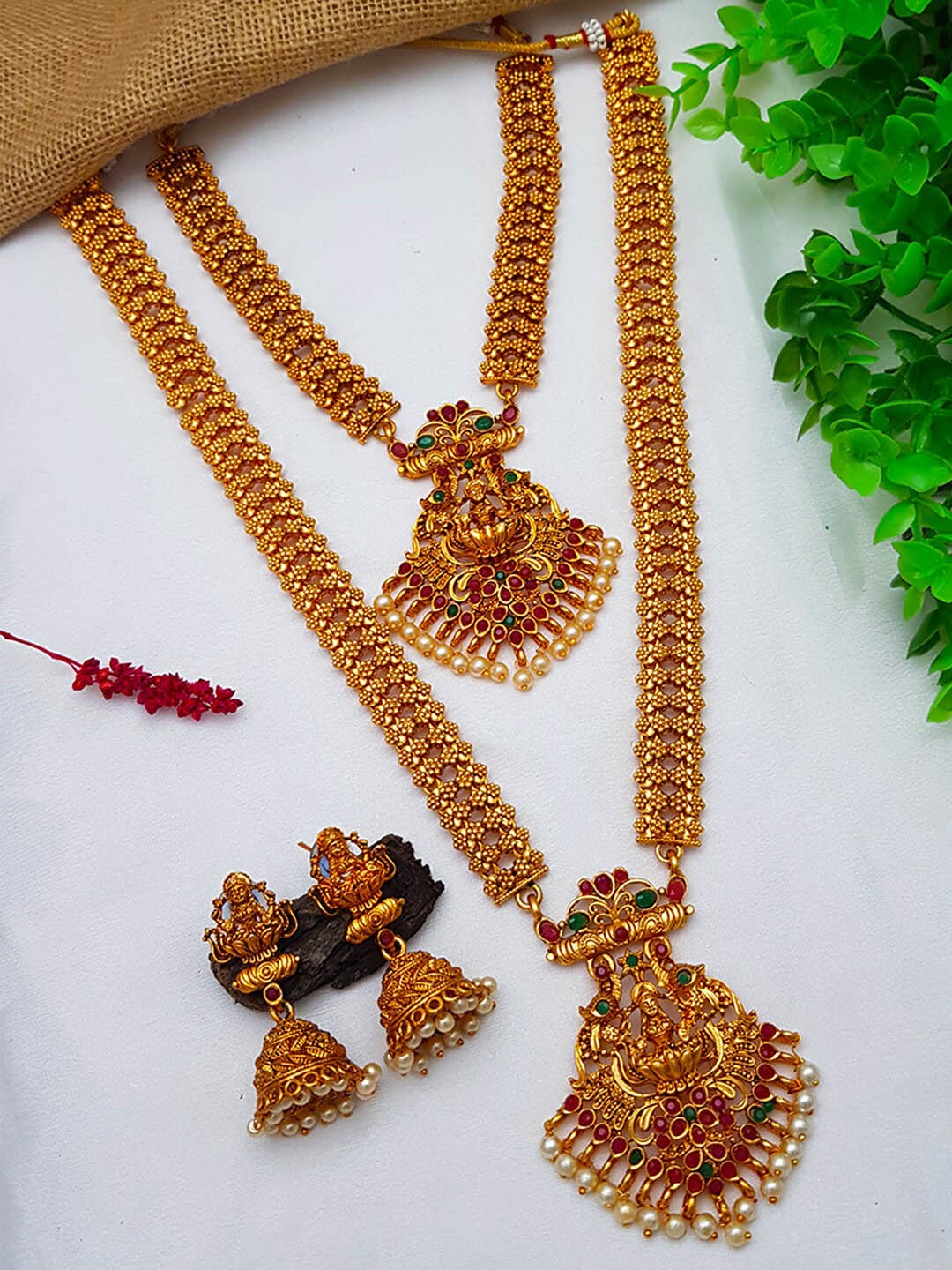 

GRIIHAM Gold-Plated & Red Stone-Studded & Beaded Temple Jewellery Set, Multi