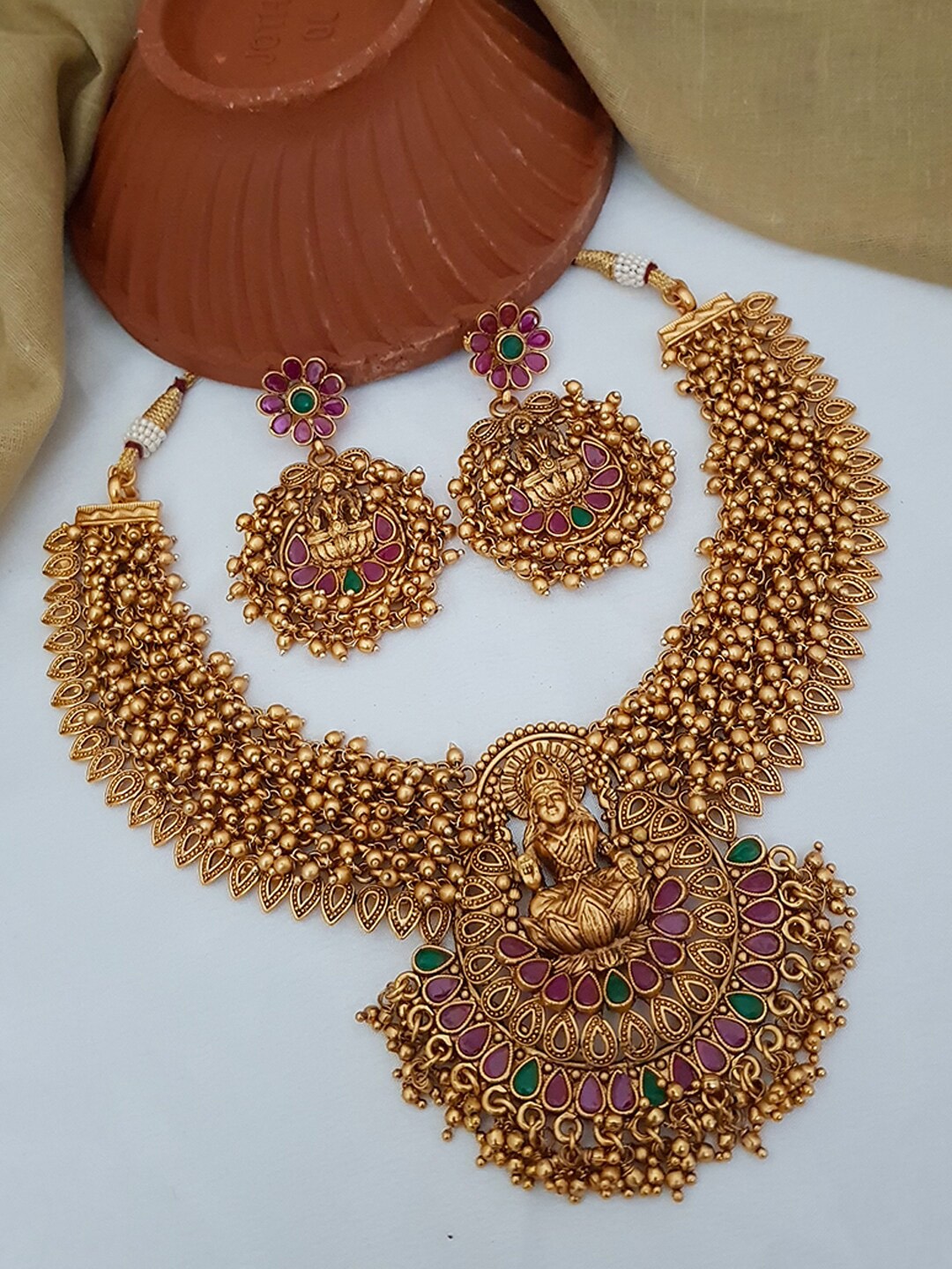 

GRIIHAM Gold-Plated Green & Maroon AD-Studded & Beaded Jewellery Set