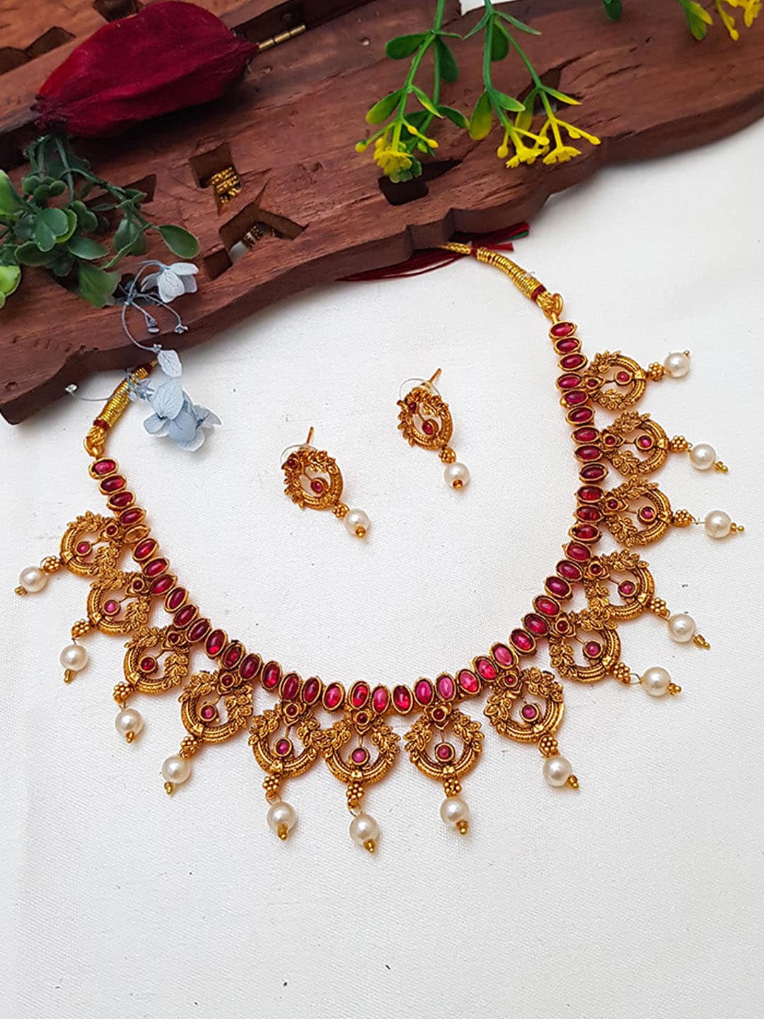 

GRIIHAM Gold-Plated Red AD-Studded Jewellery Set