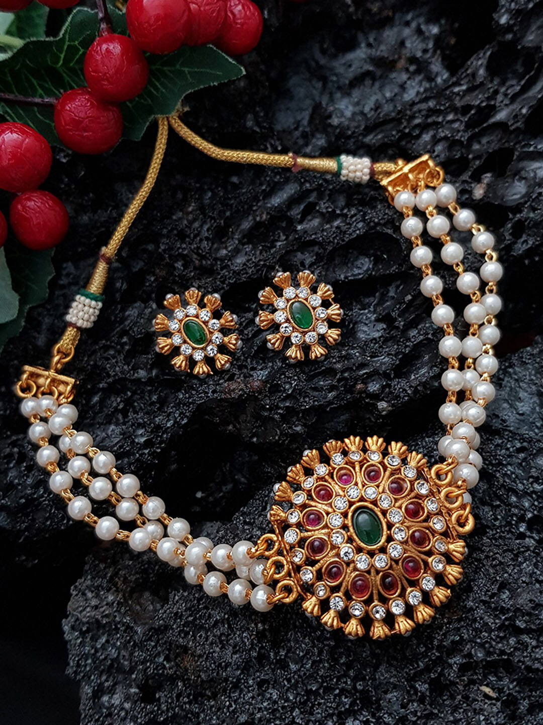 

GRIIHAM Gold-Plated White & Red AD-Studded & Pearl Beaded Jewellery Set