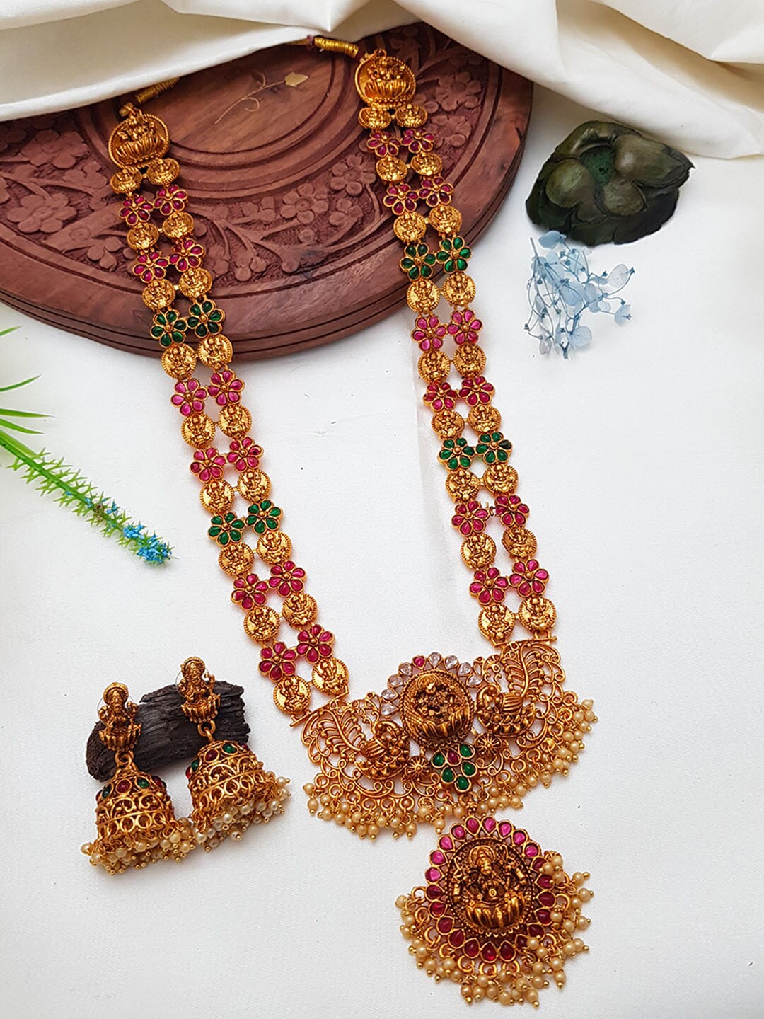 

GRIIHAM Gold-Plated Green & Maroon AD-Studded & Pearl Beaded Jewellery Set