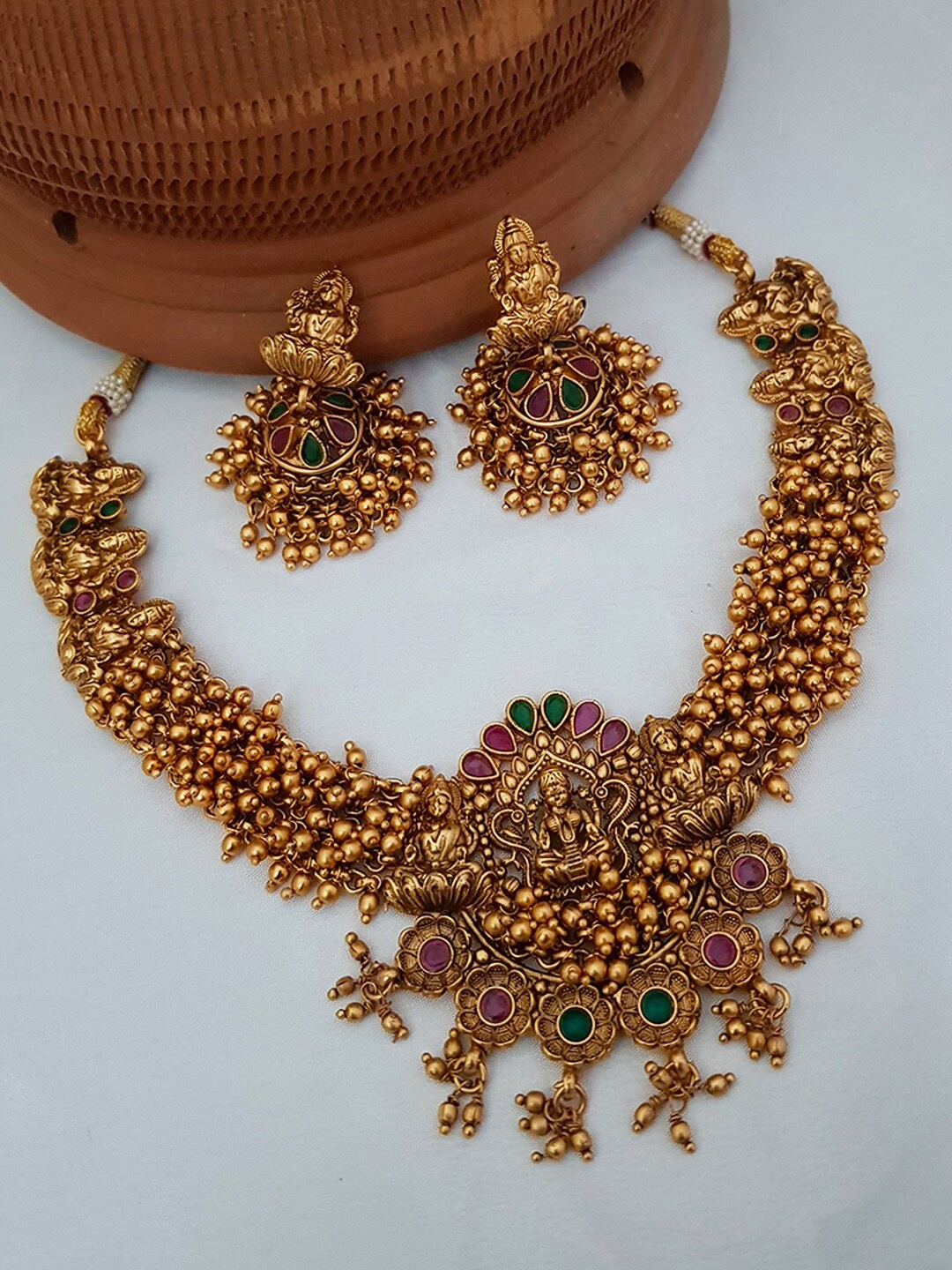 

GRIIHAM Gold-Plated Red & Green Stone-Studded & Beaded Temple Jewellery Set