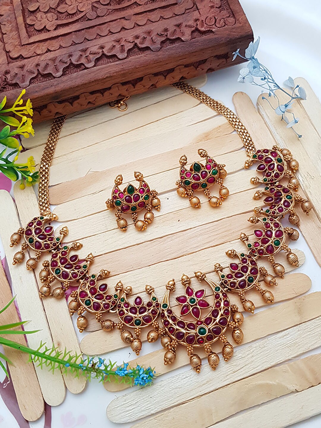 

GRIIHAM Gold-Plated Pink & Green AD-Studded Jewellery Set