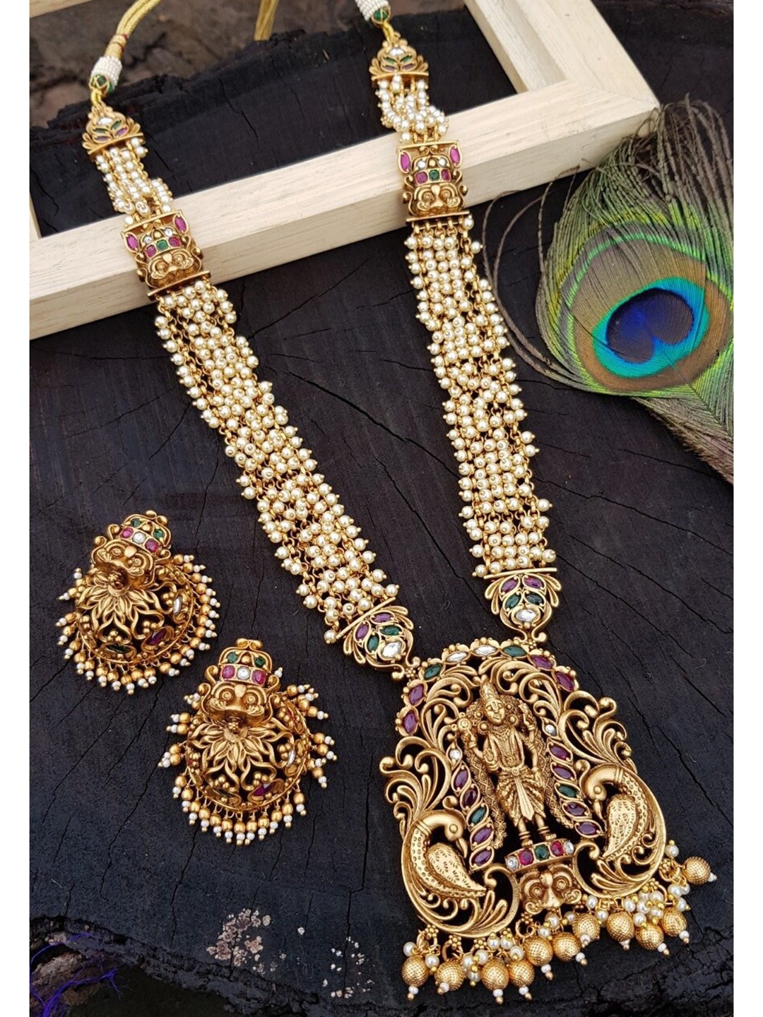 

GRIIHAM Gold-Plated Green & Maroon AD-Studded & Pearl Beaded Jewellery Set