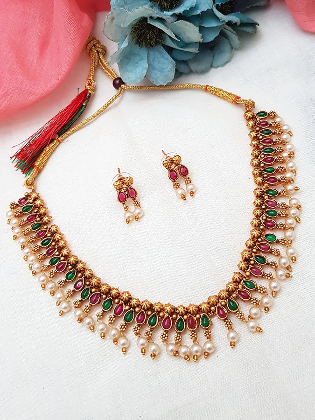 

GRIIHAM Gold-Plated Pink & Green AD-Studded Jewellery Set
