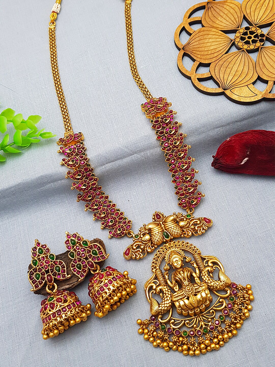 

GRIIHAM Gold-Plated Pink & Green AD-Studded Beaded Jewellery Set
