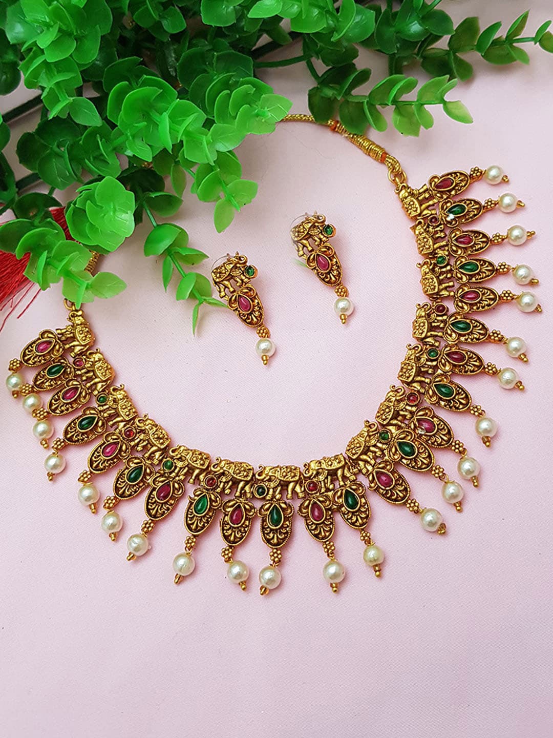 

GRIIHAM Gold-Plated Green & Maroon AD-Studded & Beaded Jewellery Set