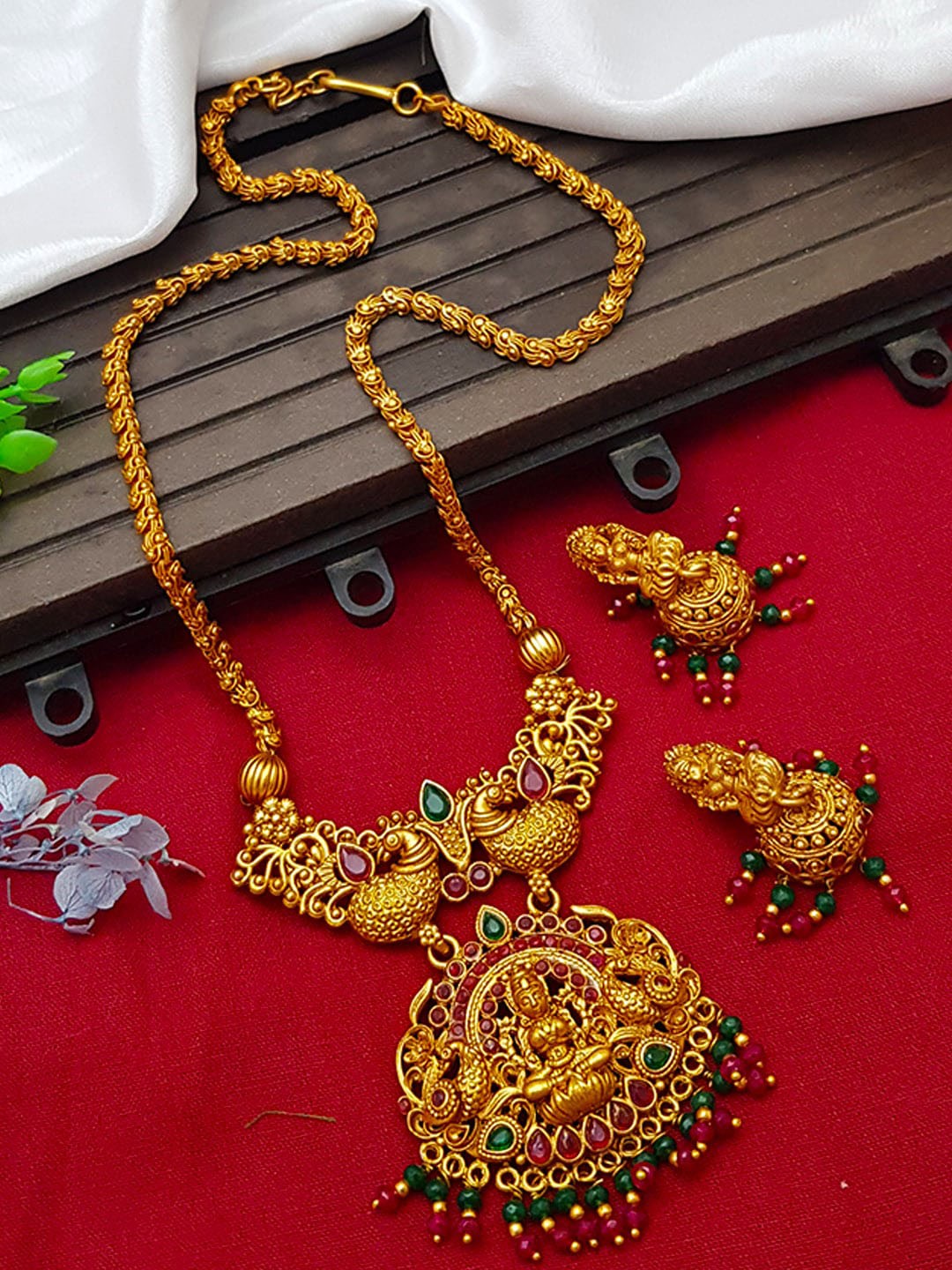 

GRIIHAM Gold-Plated Pink & Green AD-Studded & Pearl Beaded Jewellery Set
