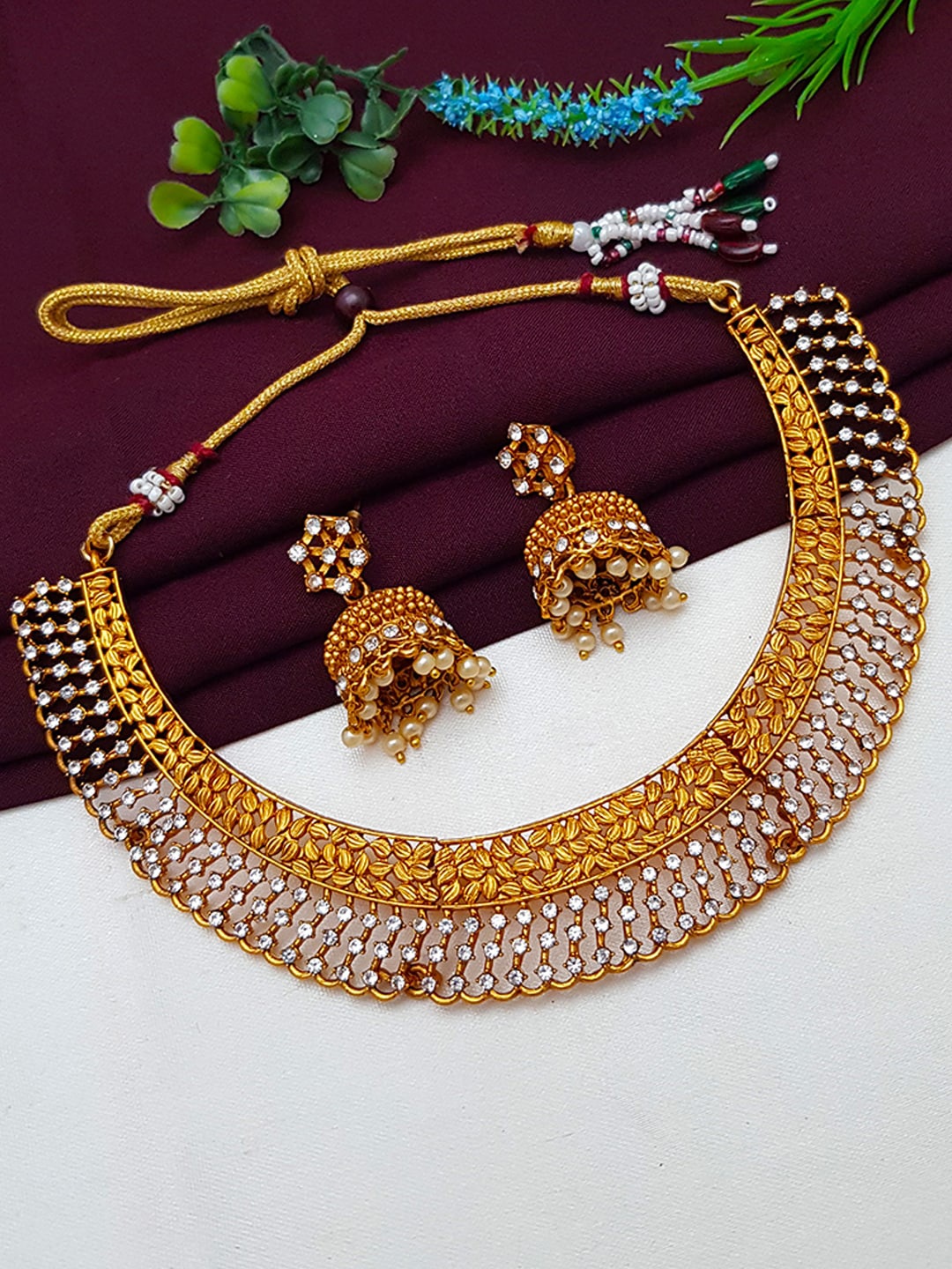 

GRIIHAM Gold-Plated White AD-Studded Beaded Jewellery Set