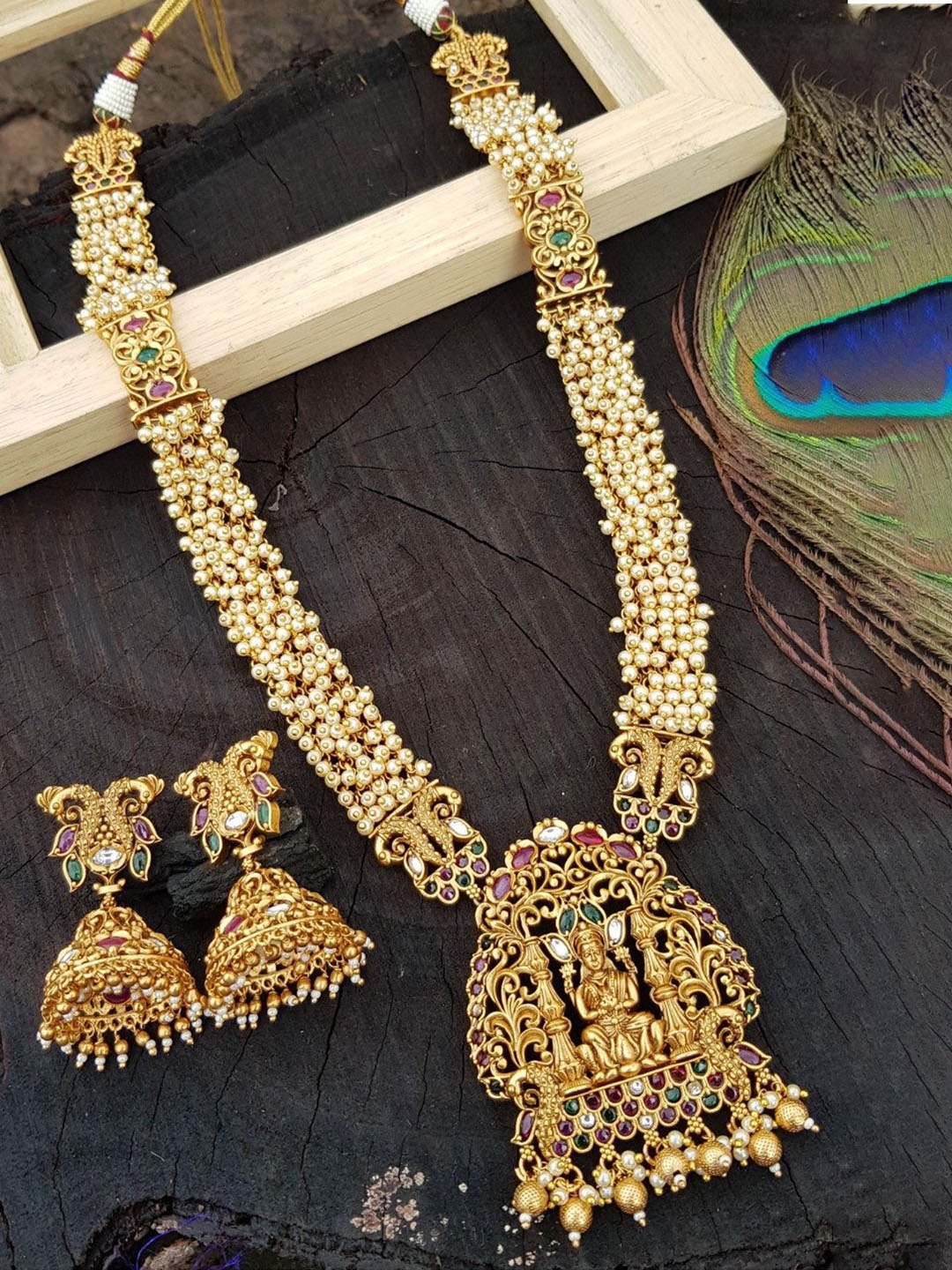 

GRIIHAM Gold-Plated Green & Maroon AD-Studded & Beaded Jewellery Set