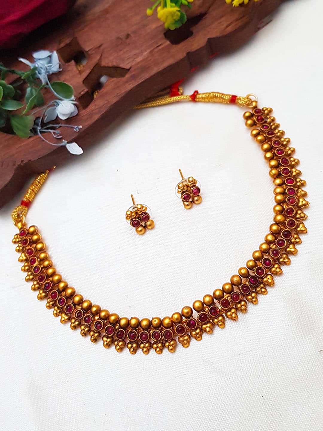 

GRIIHAM Gold-Plated Red AD-Studded Jewellery Set