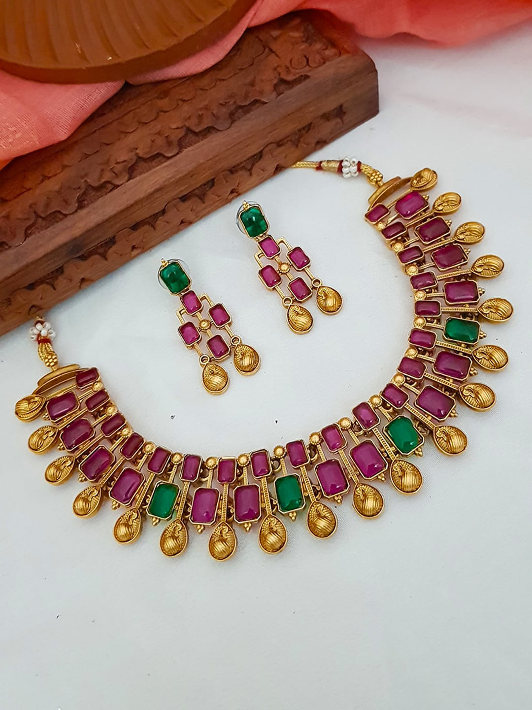 

GRIIHAM Gold-Plated Green & Magenta-Pink AD-Studded Antique Jewellery Set, Multi